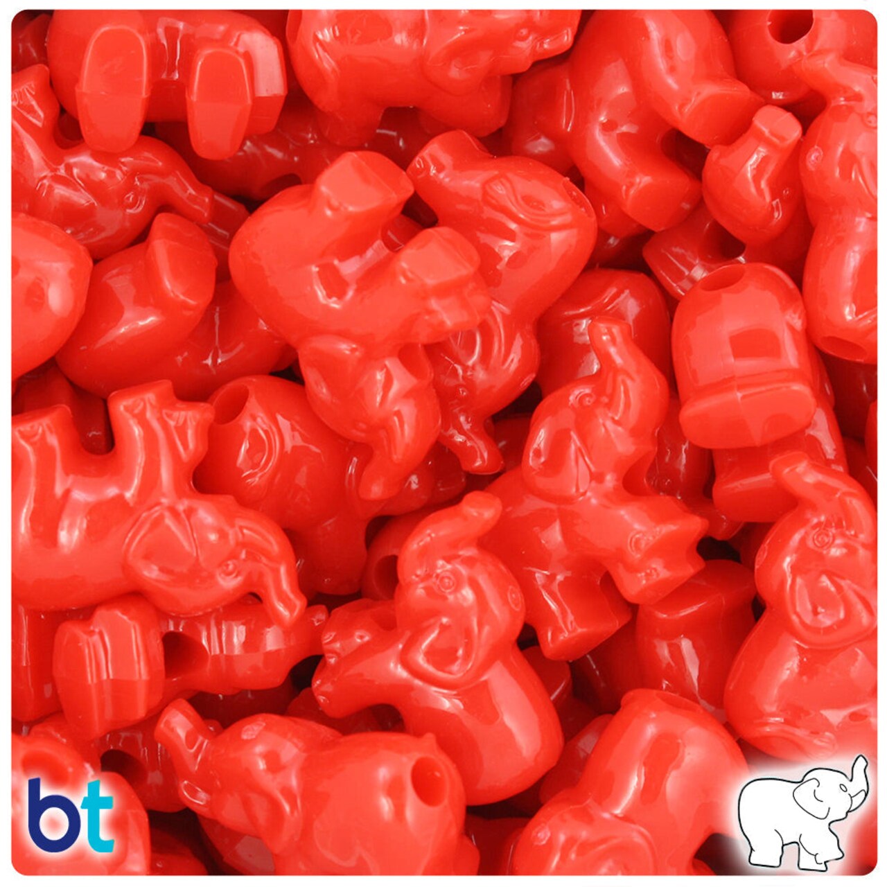 BeadTin Bright Red Opaque 25mm Elephant Plastic Pony Beads (24pcs)